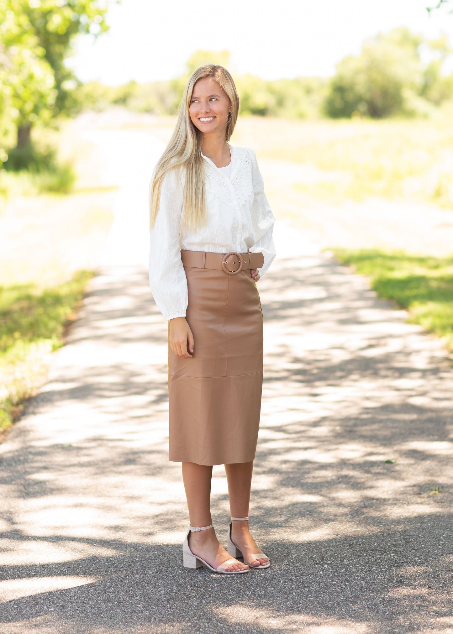 Brown Faux Leather Midi Skirt Skirts