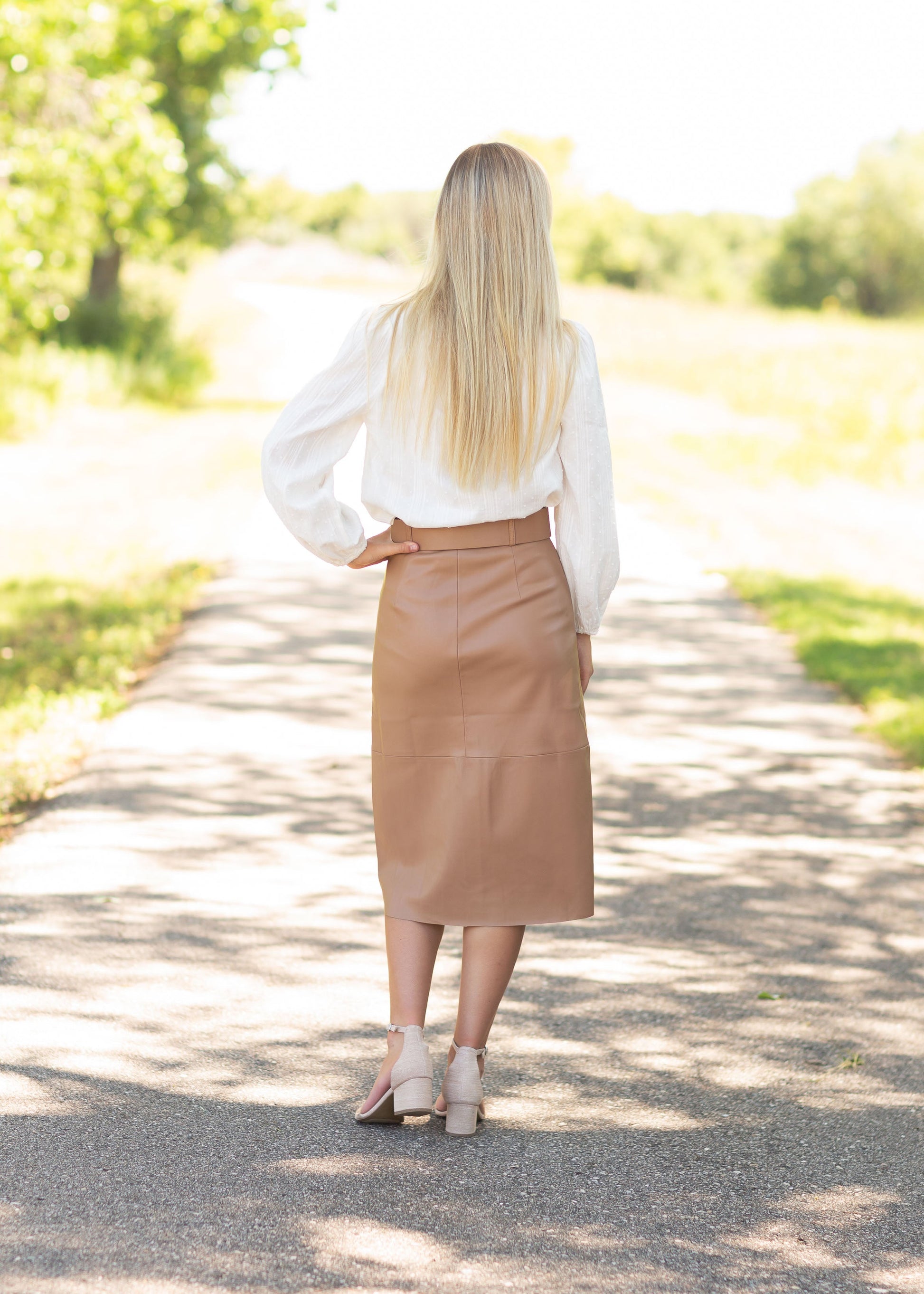 Brown Faux Leather Midi Skirt Skirts