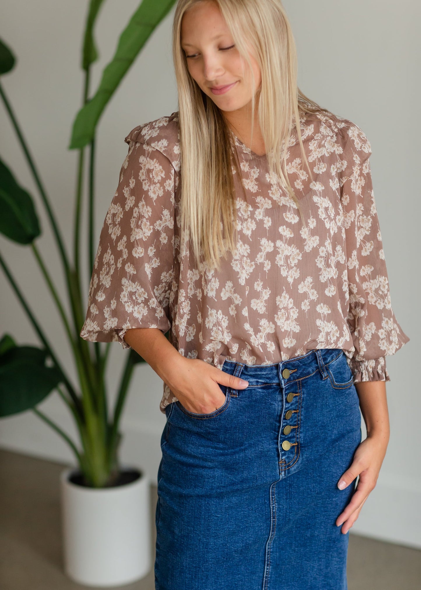 Brown Floral Smocked Blouse - FINAL SALE Tops