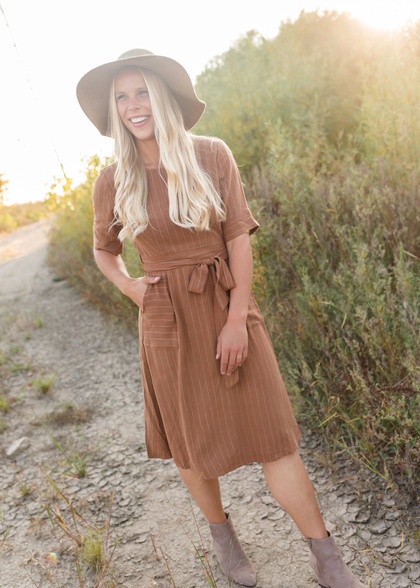 Brown Linen Striped Midi Dress - FINAL SALE Dresses
