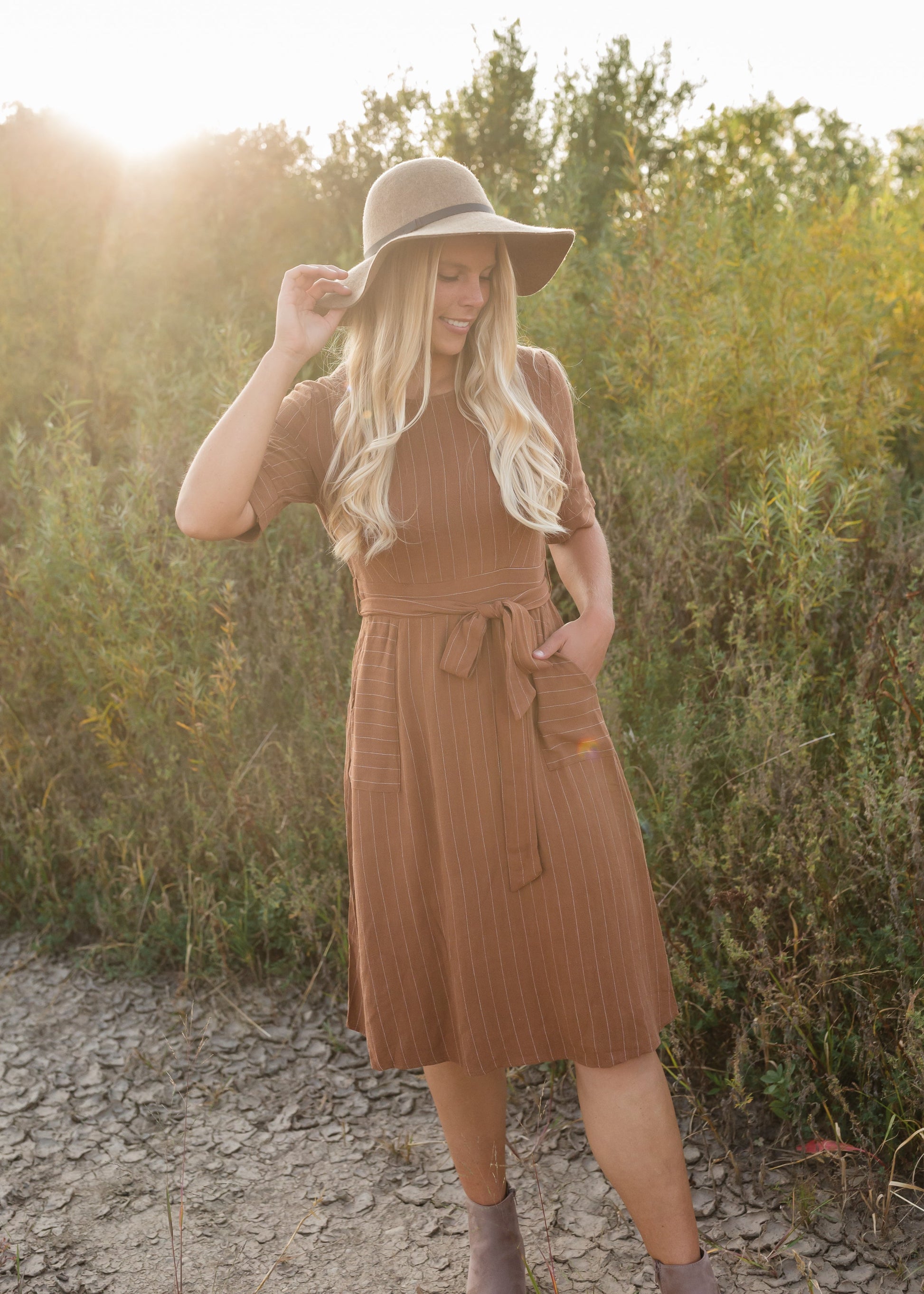 Brown Linen Striped Midi Dress - FINAL SALE Dresses