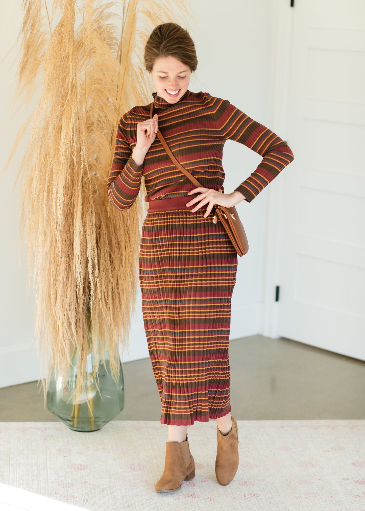Brown Multi Stripe Ribbed Sweater Skirt - FINAL SALE Tops