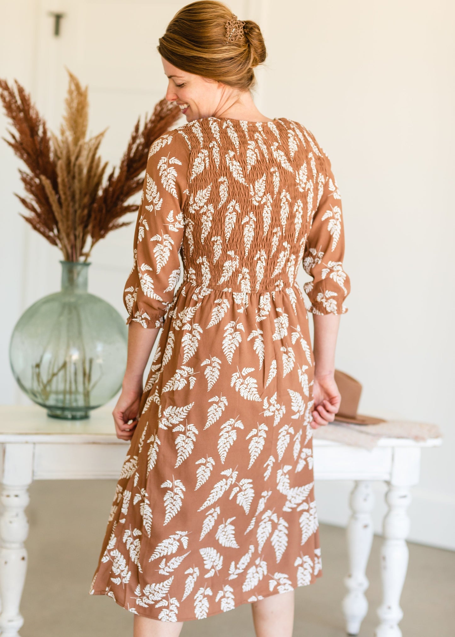 Brown V-Neck Smocked Midi Dress - FINAL SALE Dresses