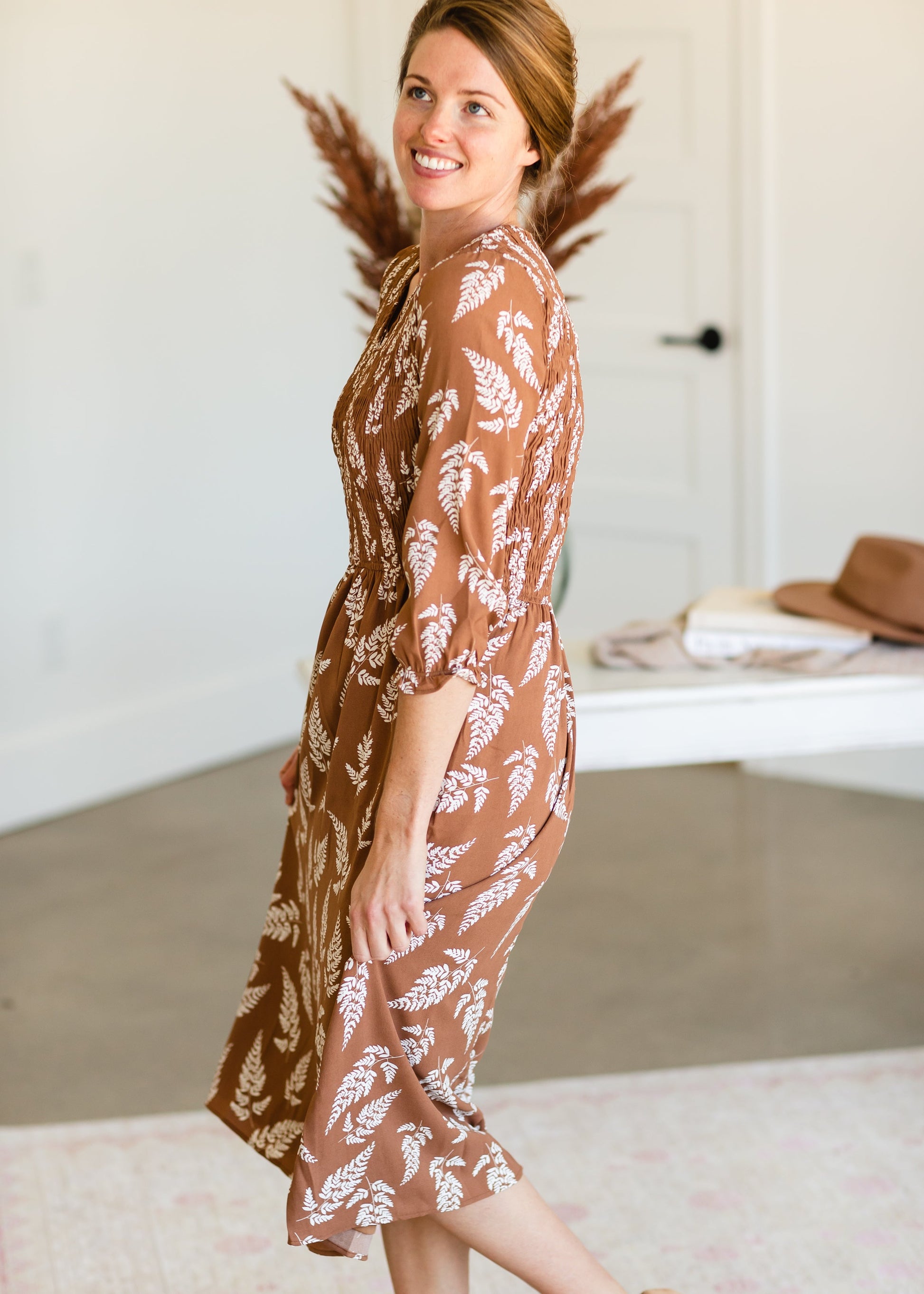 Brown V-Neck Smocked Midi Dress - FINAL SALE Dresses