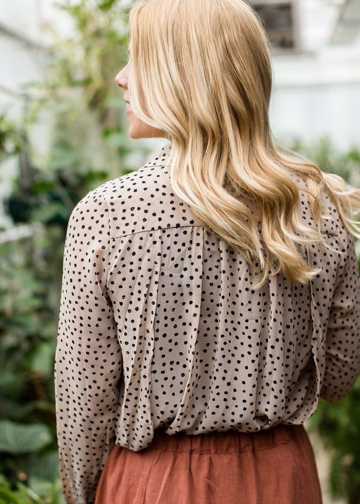 polyester sheer taupe top with black polka dots