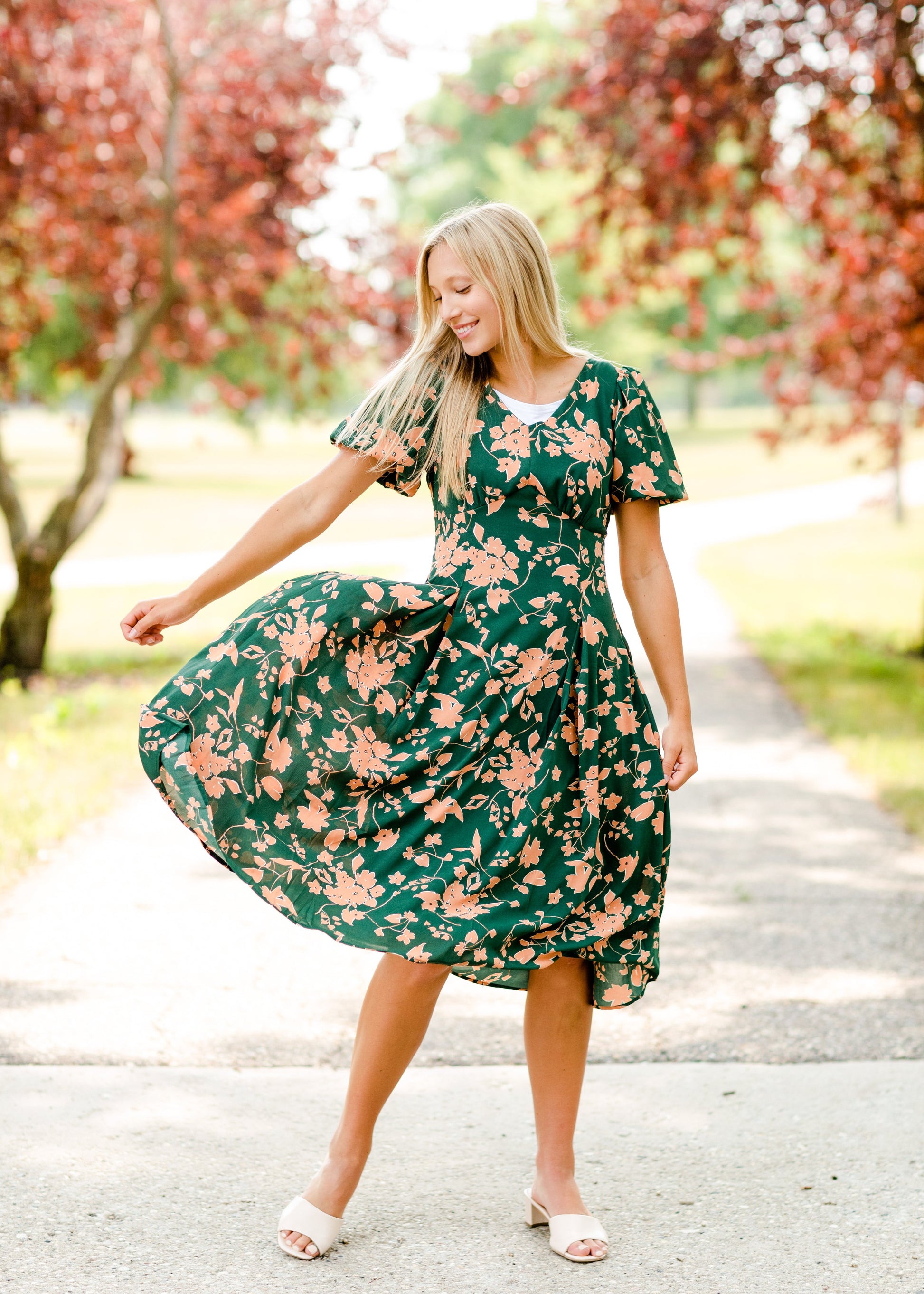 Bubble Sleeve V-Neck Midi Dress-FINAL SALE Dresses