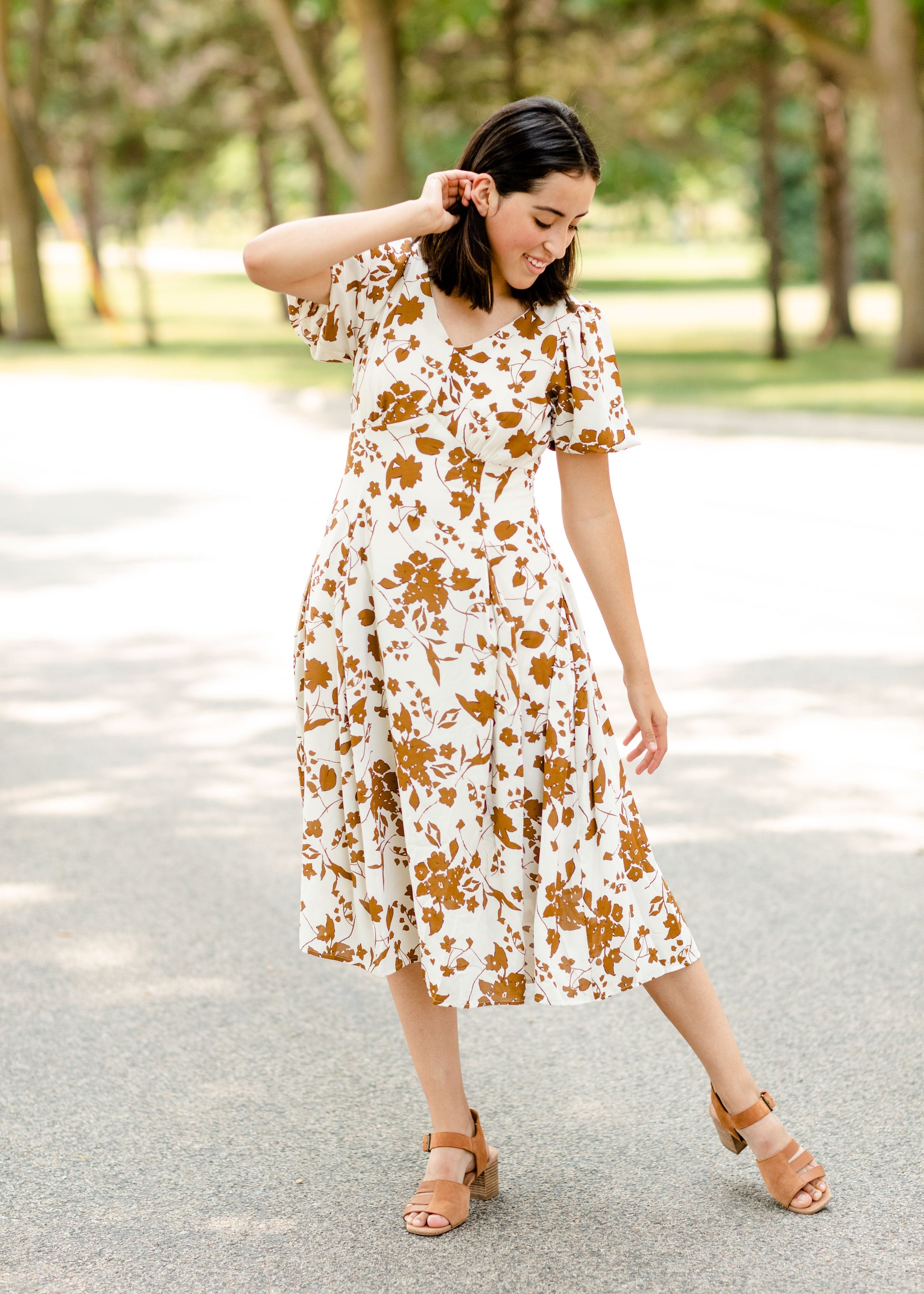 Bubble Sleeve V-Neck Midi Dress-FINAL SALE Dresses