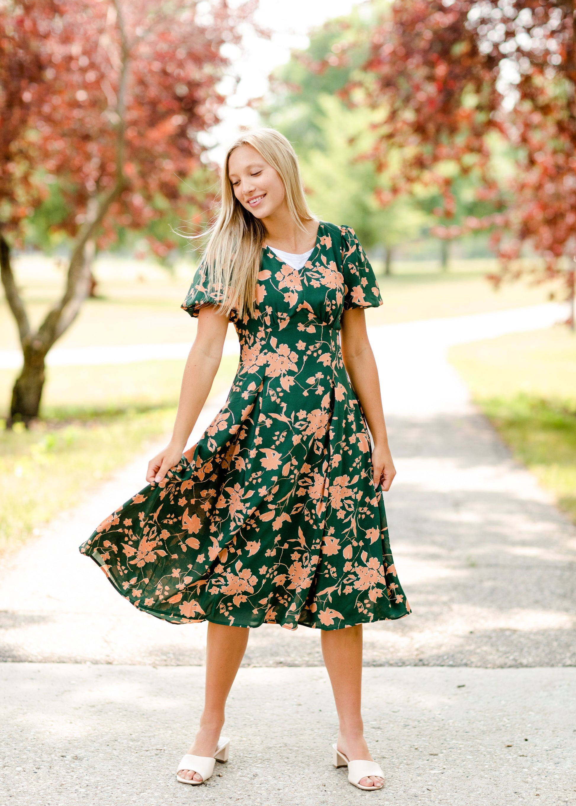 Bubble Sleeve V-Neck Midi Dress-FINAL SALE Dresses