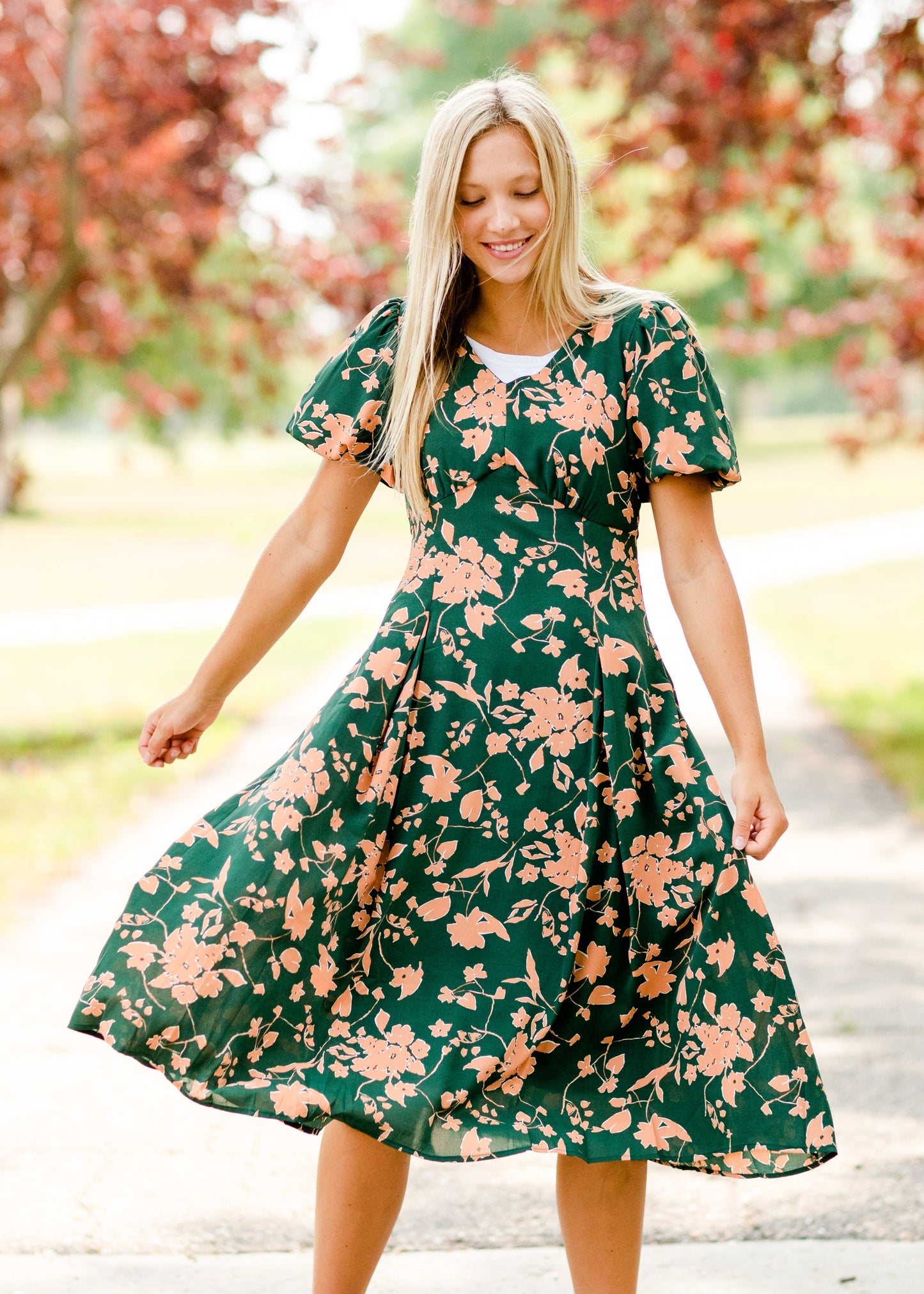 Bubble Sleeve V-Neck Midi Dress-FINAL SALE Dresses Green / S