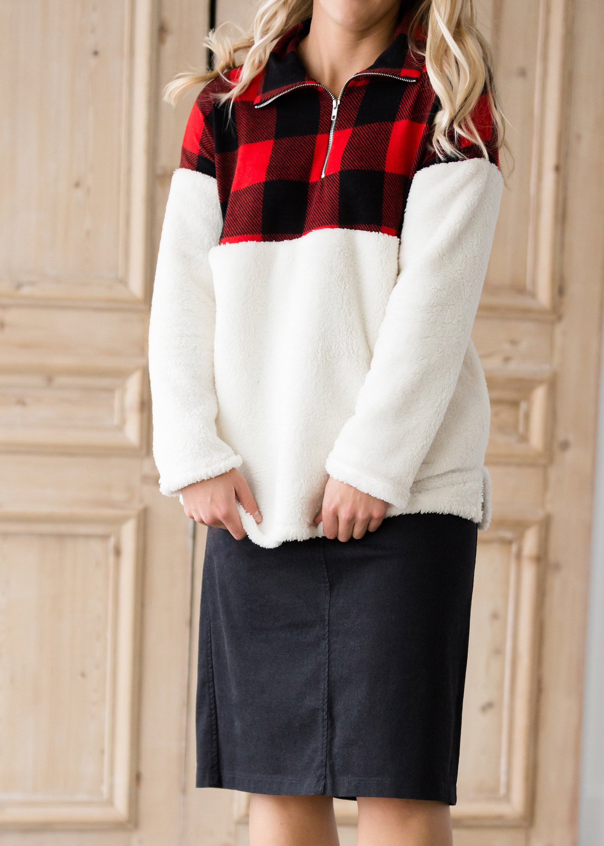 Buffalo Check Color Block Sherpa Sweater - FINAL SALE Tops