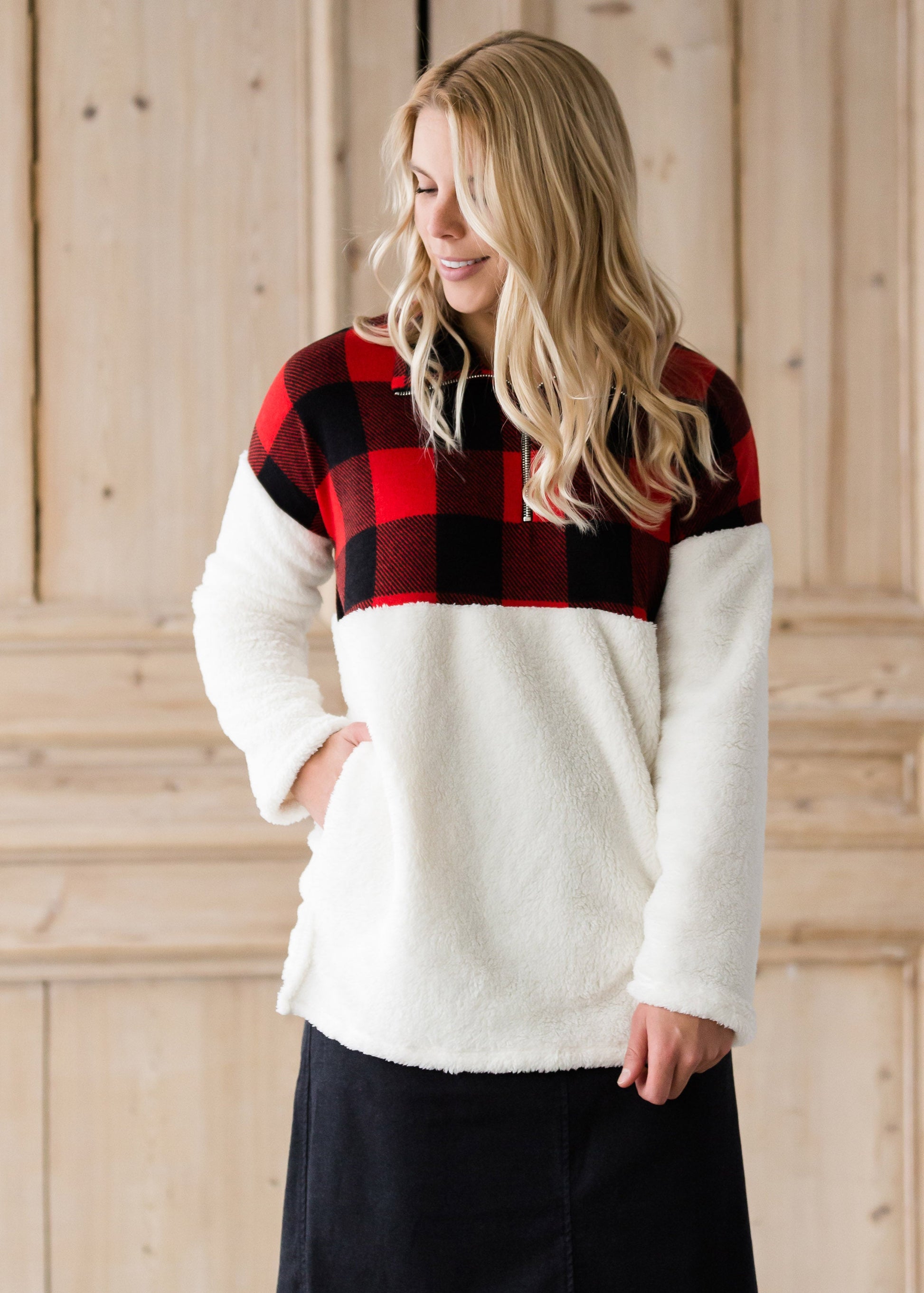 Buffalo Check Color Block Sherpa Sweater - FINAL SALE Tops