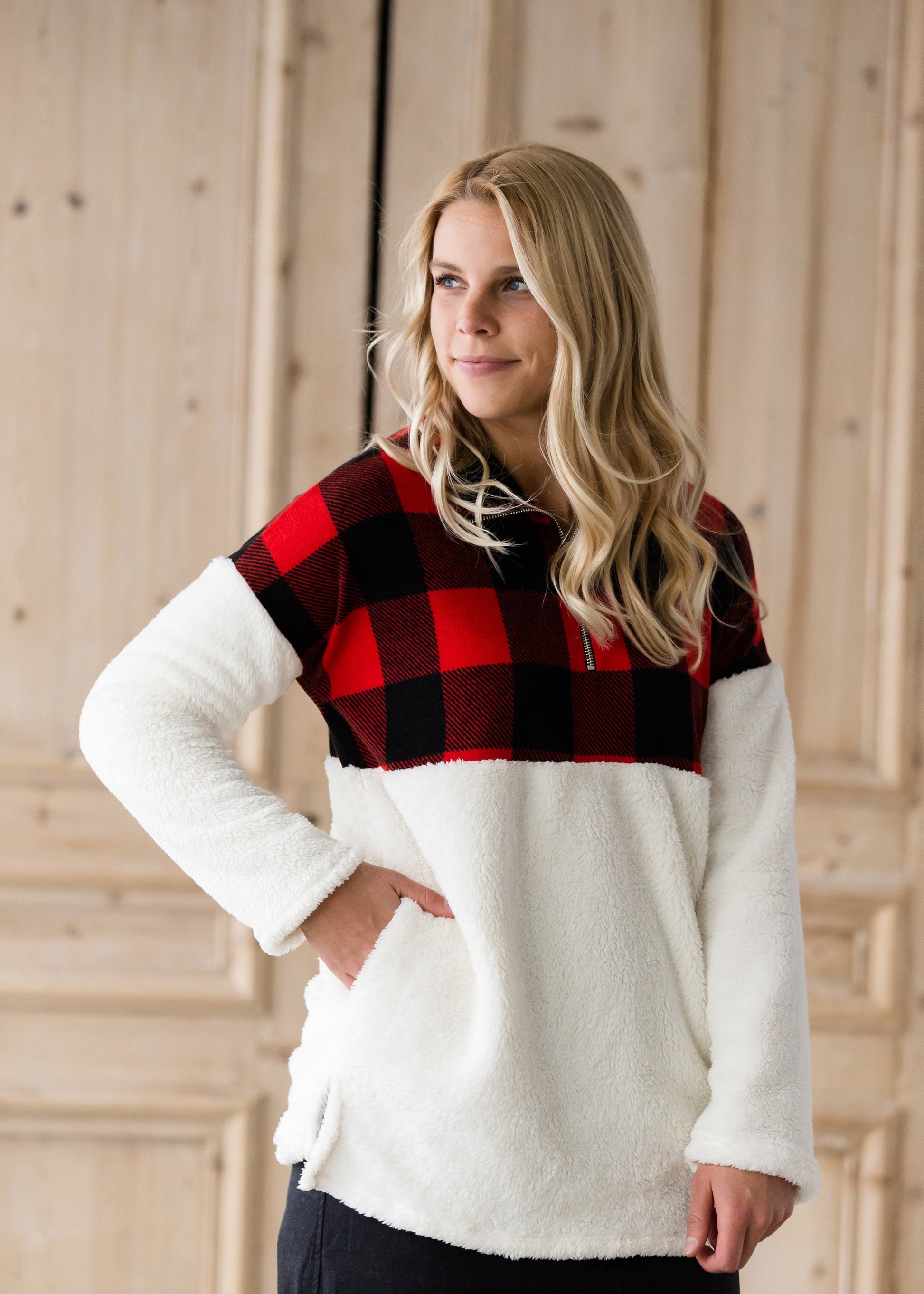 Buffalo Check Color Block Sherpa Sweater - FINAL SALE Tops