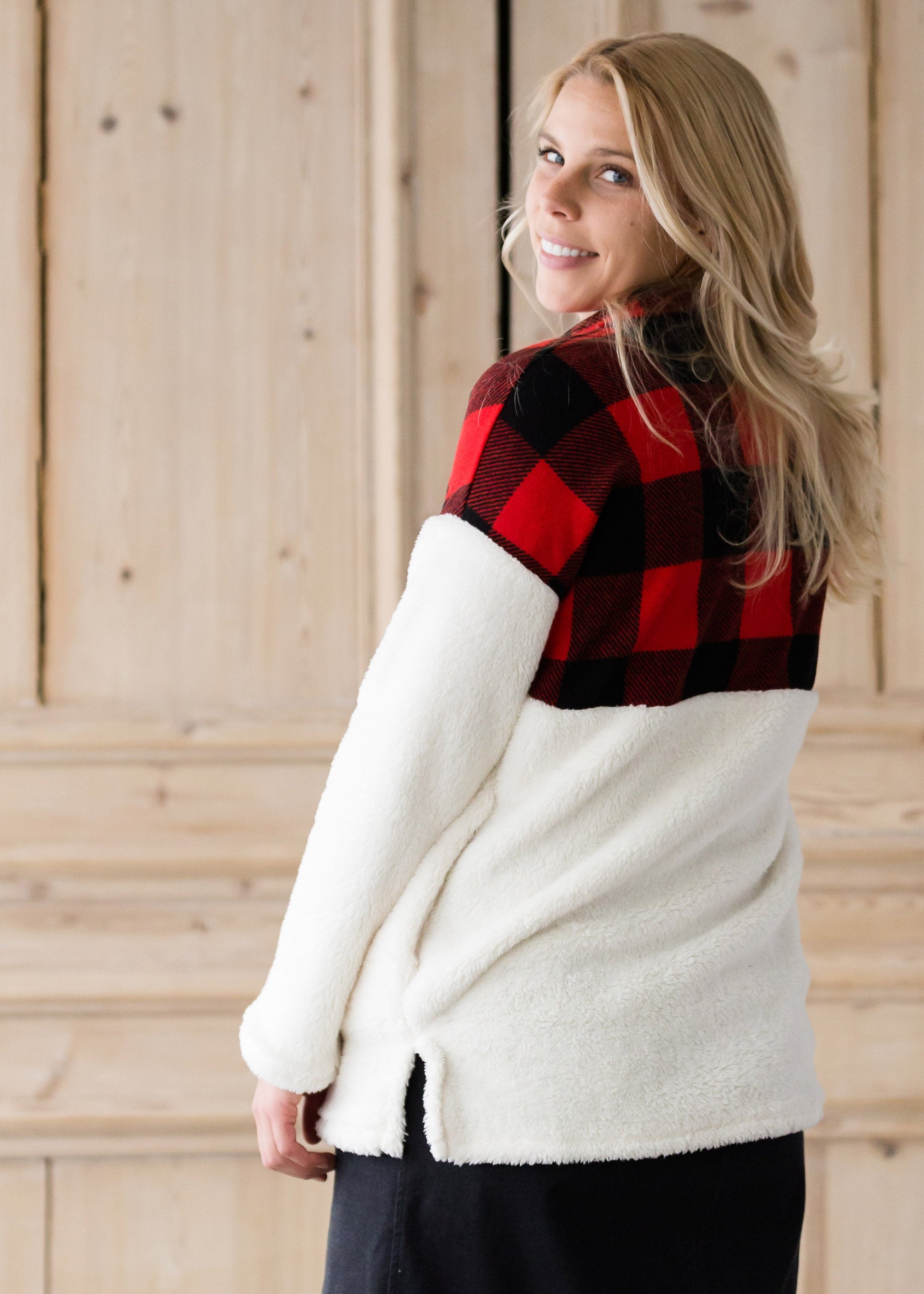 Buffalo Check Color Block Sherpa Sweater - FINAL SALE Tops