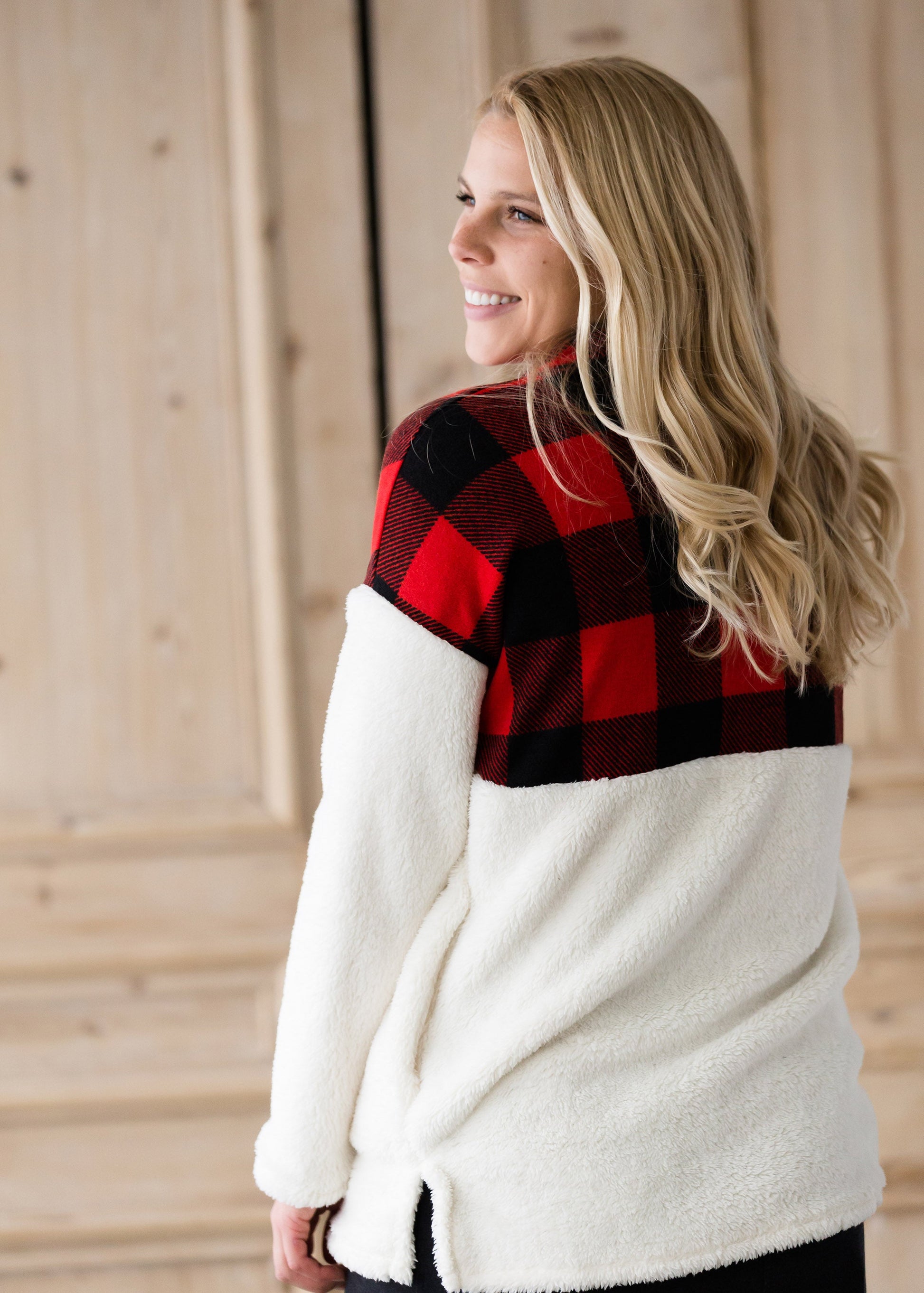 Buffalo Check Color Block Sherpa Sweater - FINAL SALE Tops