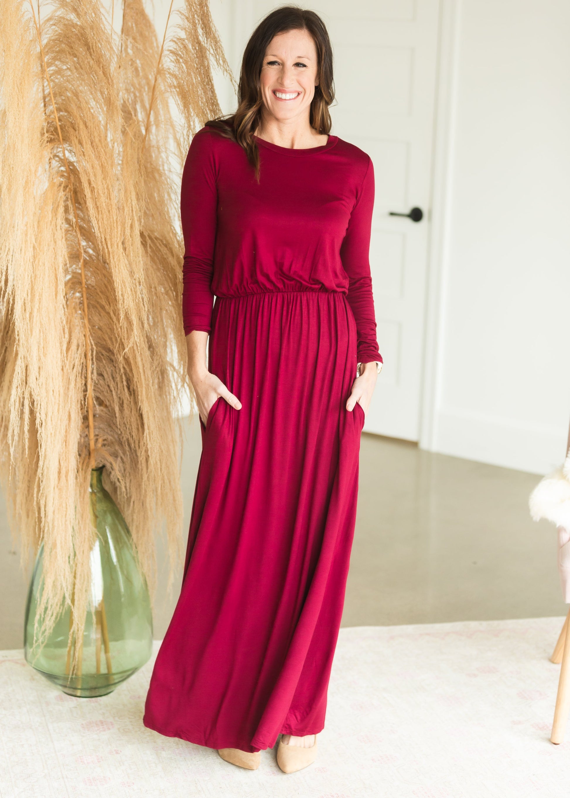 Burgundy Long Sleeve Empire Waist Maxi Dress - FINAL SALE Dresses