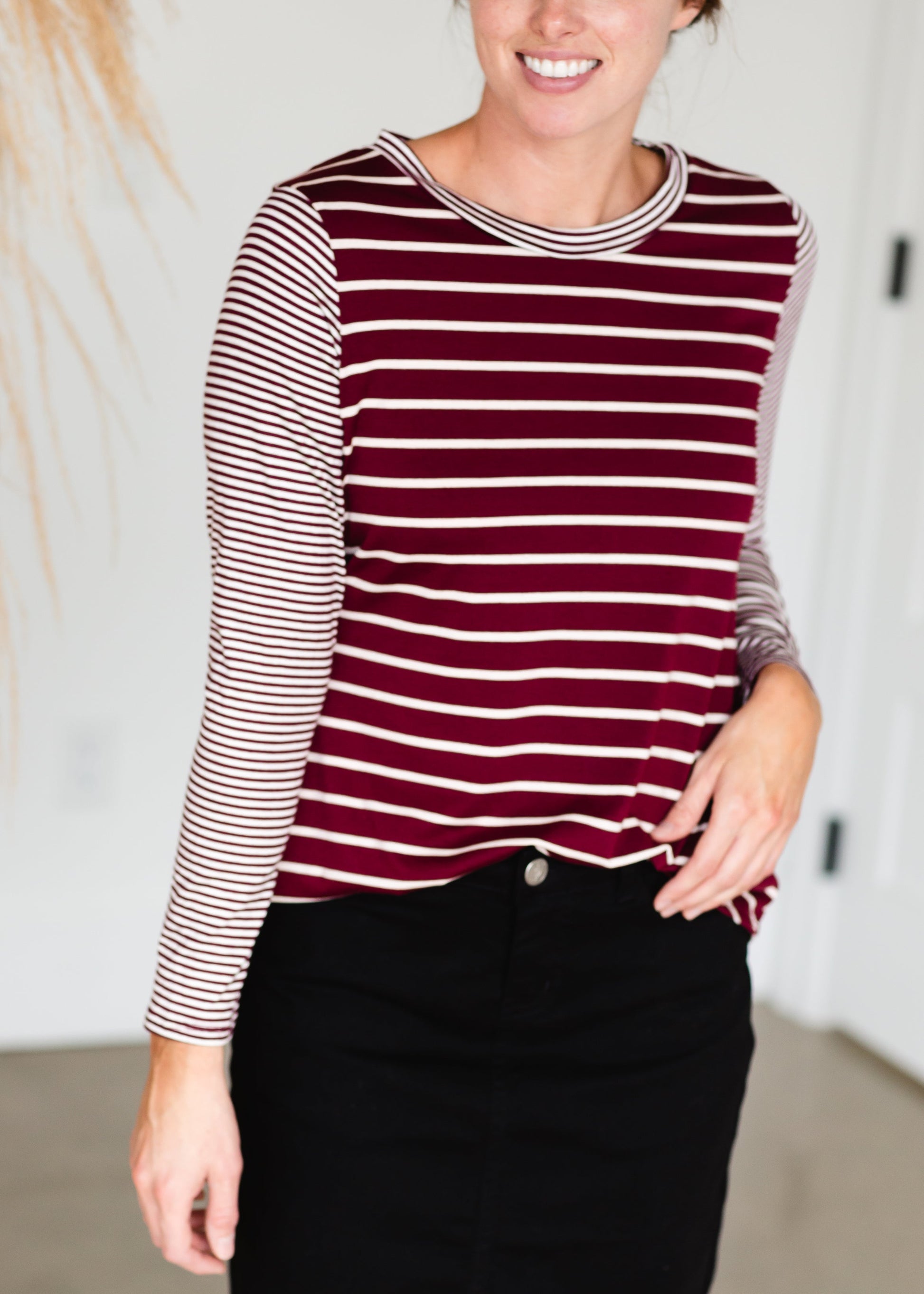 Burgundy Mixed Striped Long Sleeve Top - FINAL SALE Tops