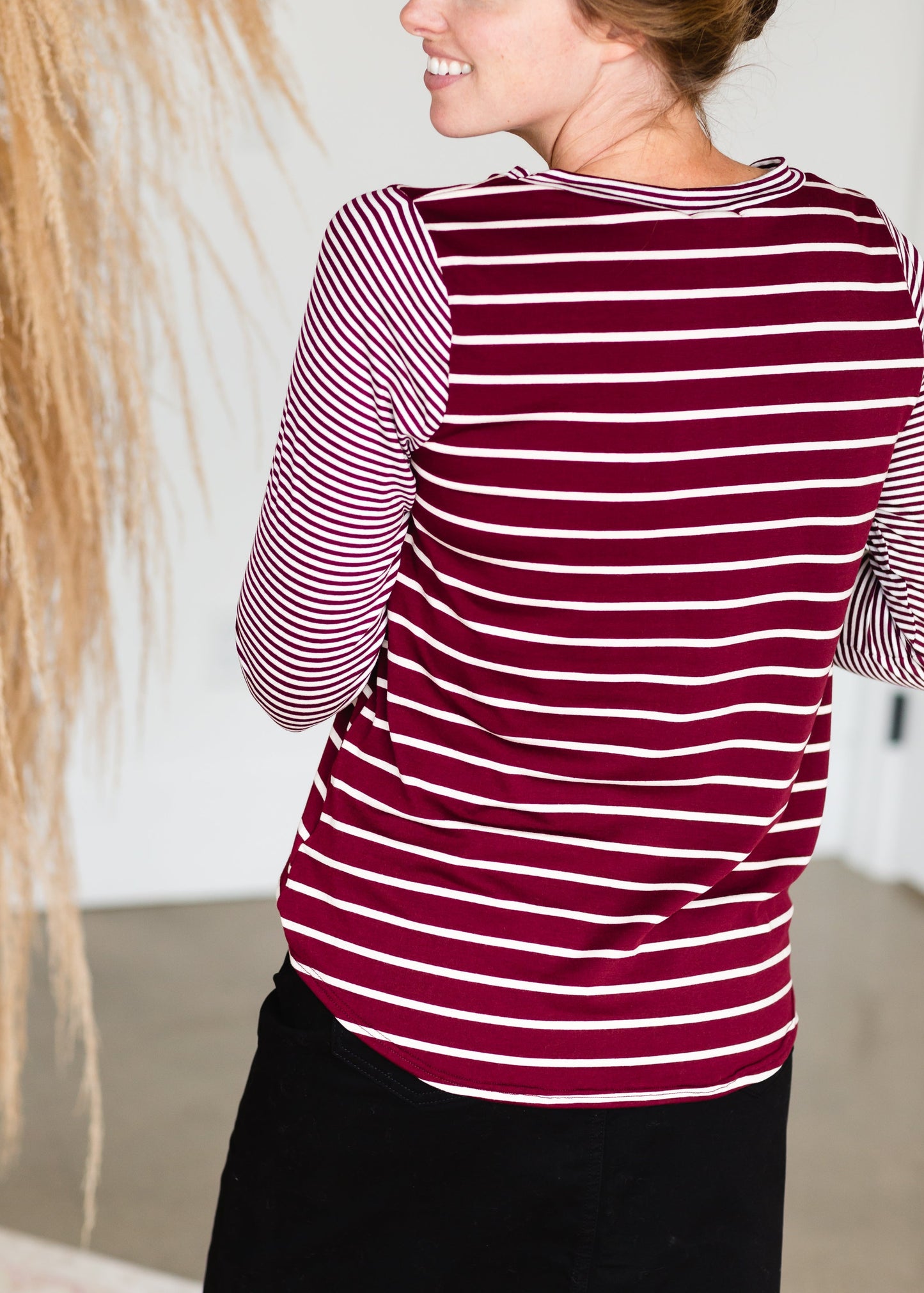 Burgundy Mixed Striped Long Sleeve Top - FINAL SALE Tops