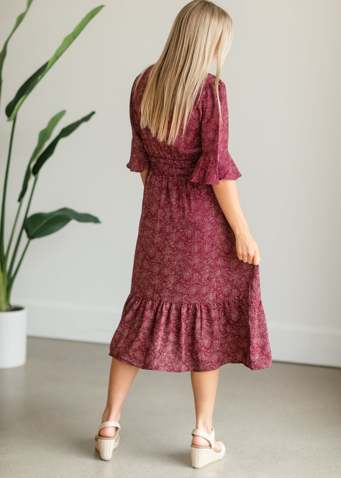 Burgundy Patterned Flouncy Midi Dress - FINAL SALE Dresses