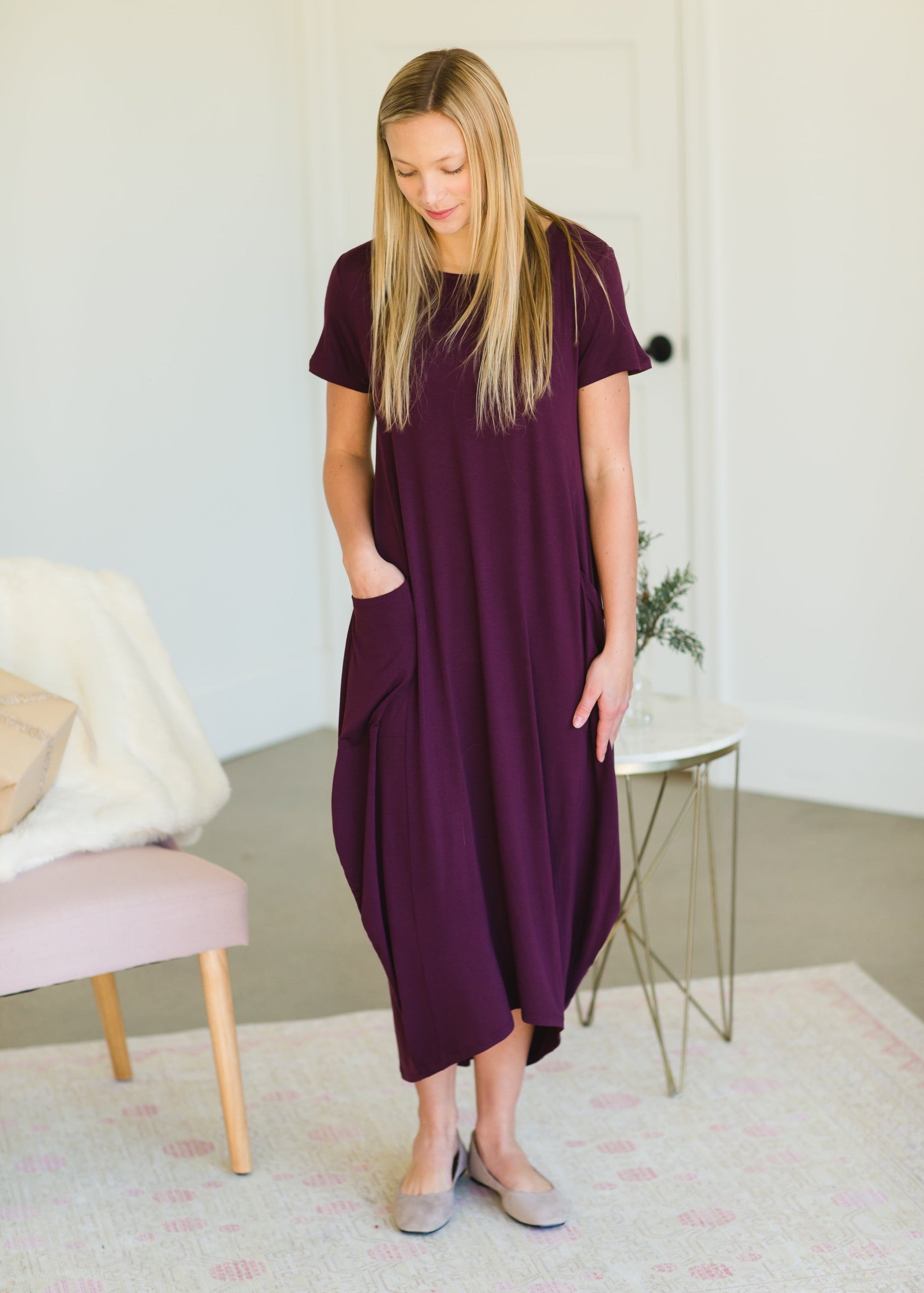 Burgundy Short Sleeve Midi Dress - FINAL SALE Dresses