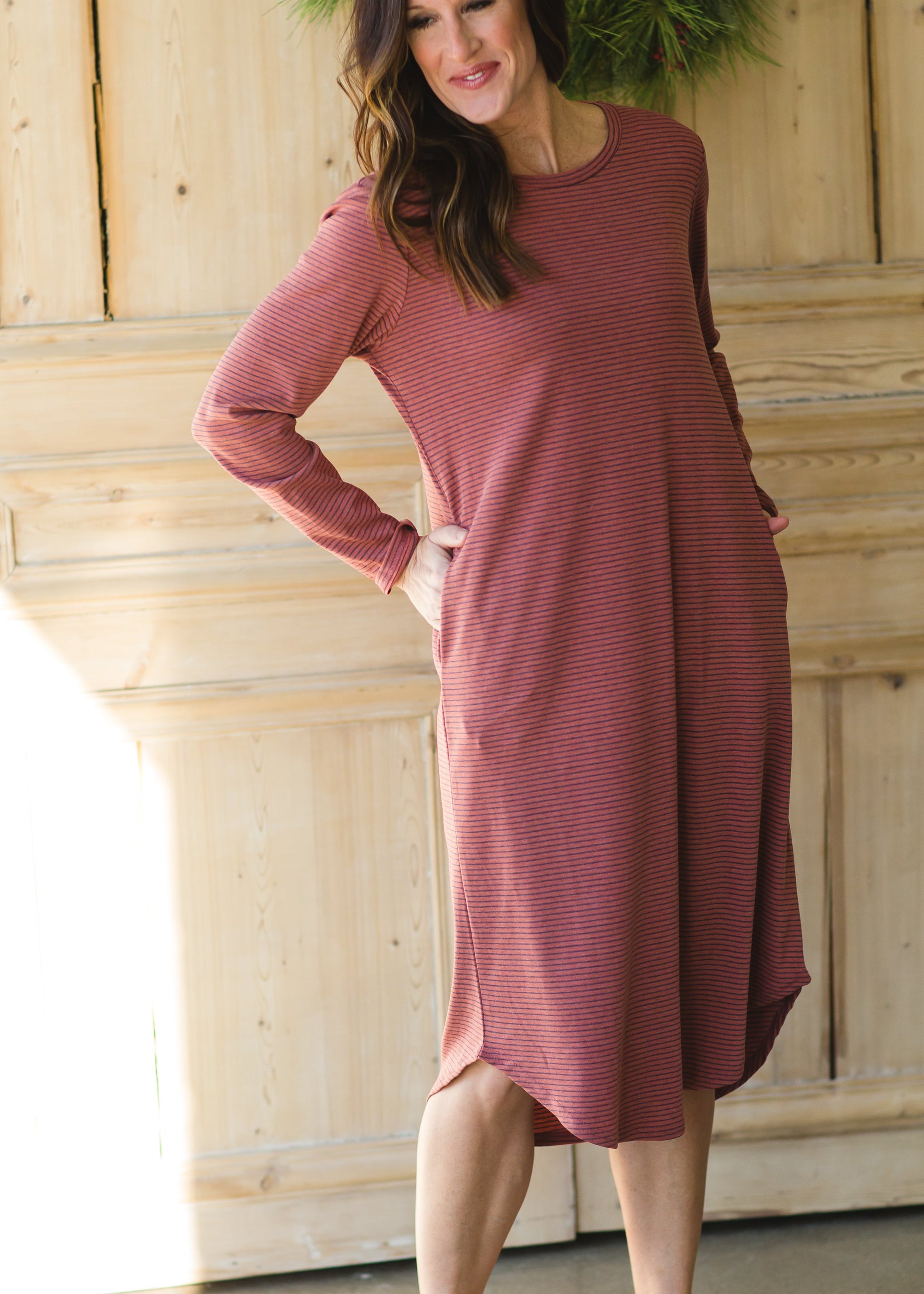 Burgundy Striped Long Sleeve Knit Dress - FINAL SALE Dresses