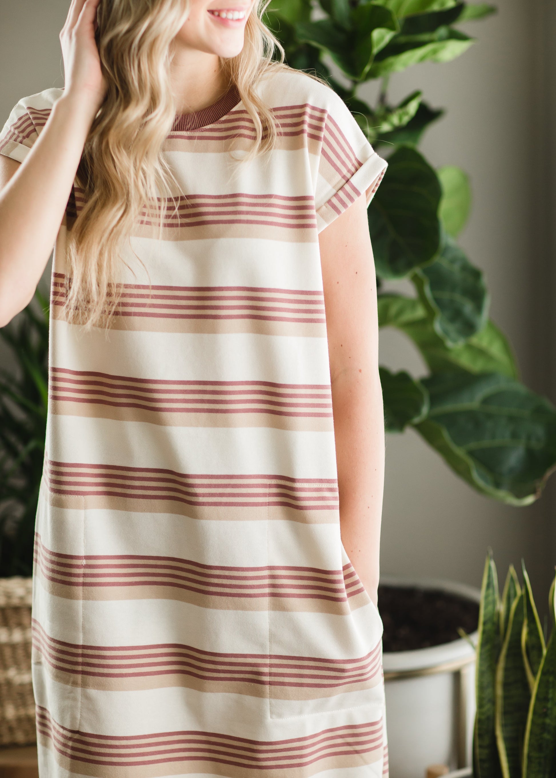 Burgundy + Taupe Striped T-Shirt Dress - FINAL SALE Dresses