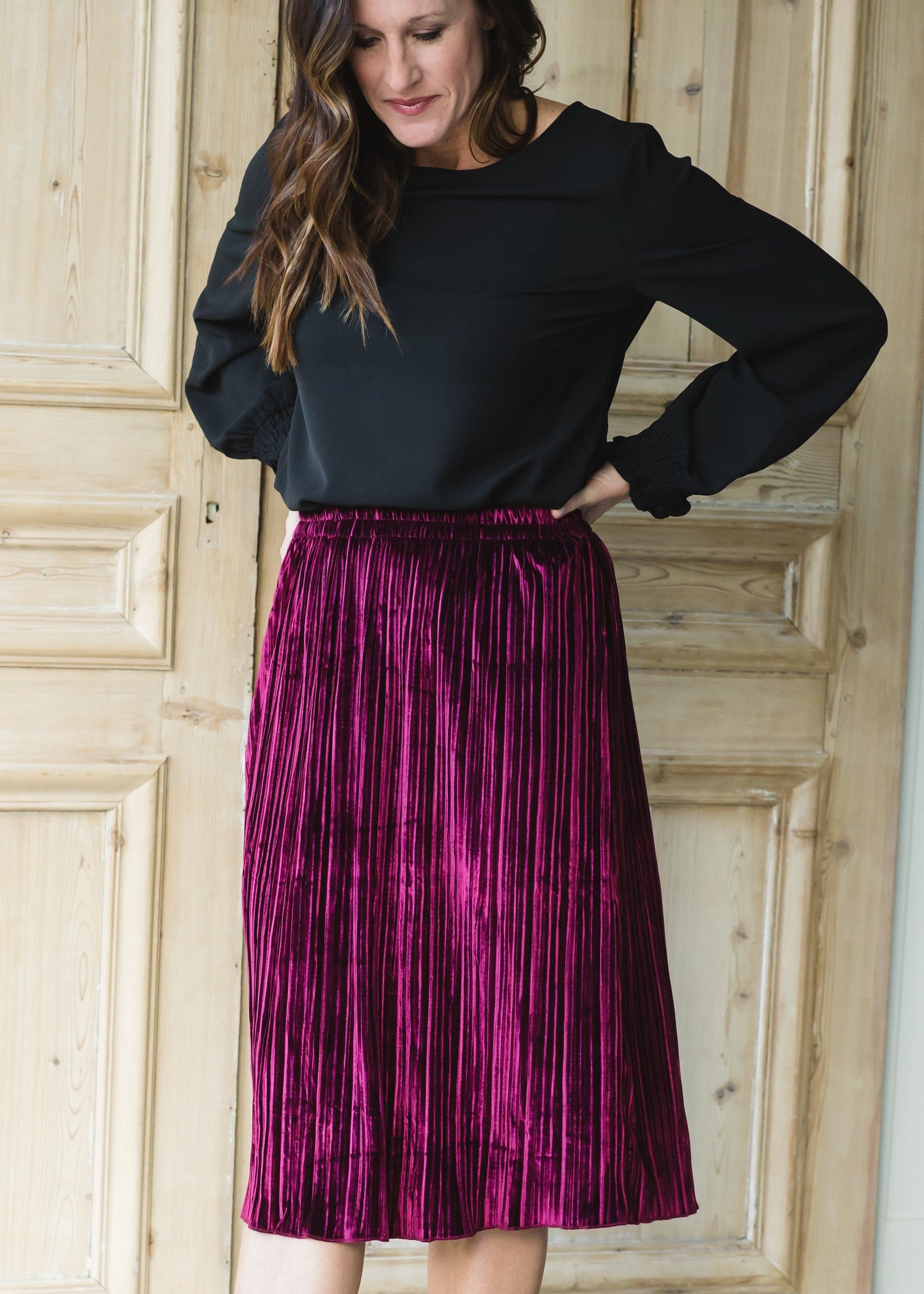 Burgundy Velvet Pleated Midi Skirt - FINAL SALE Skirts
