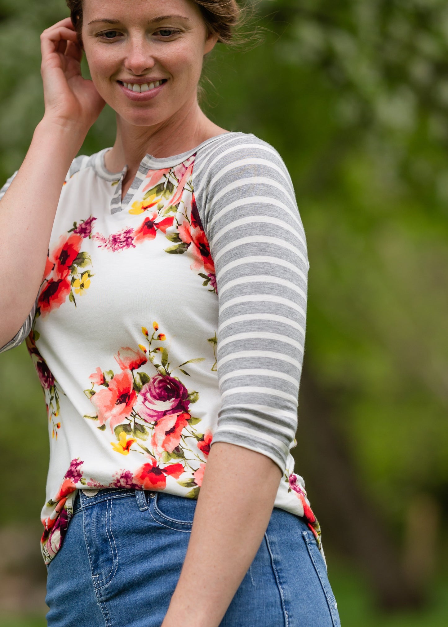 Buttery Soft Floral and Stripe Raglan Top Tops