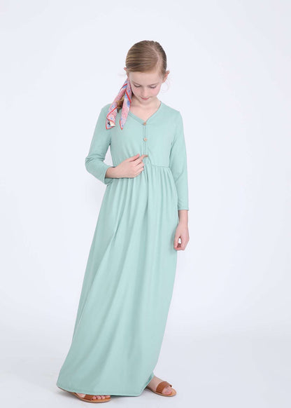 Modest girls mint maxi dress with faux buttons
