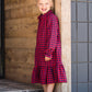 Girls black and red checkered ruffle detail midi dress