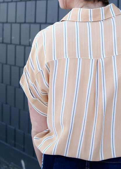 Modest women's button down collared mustard striped top