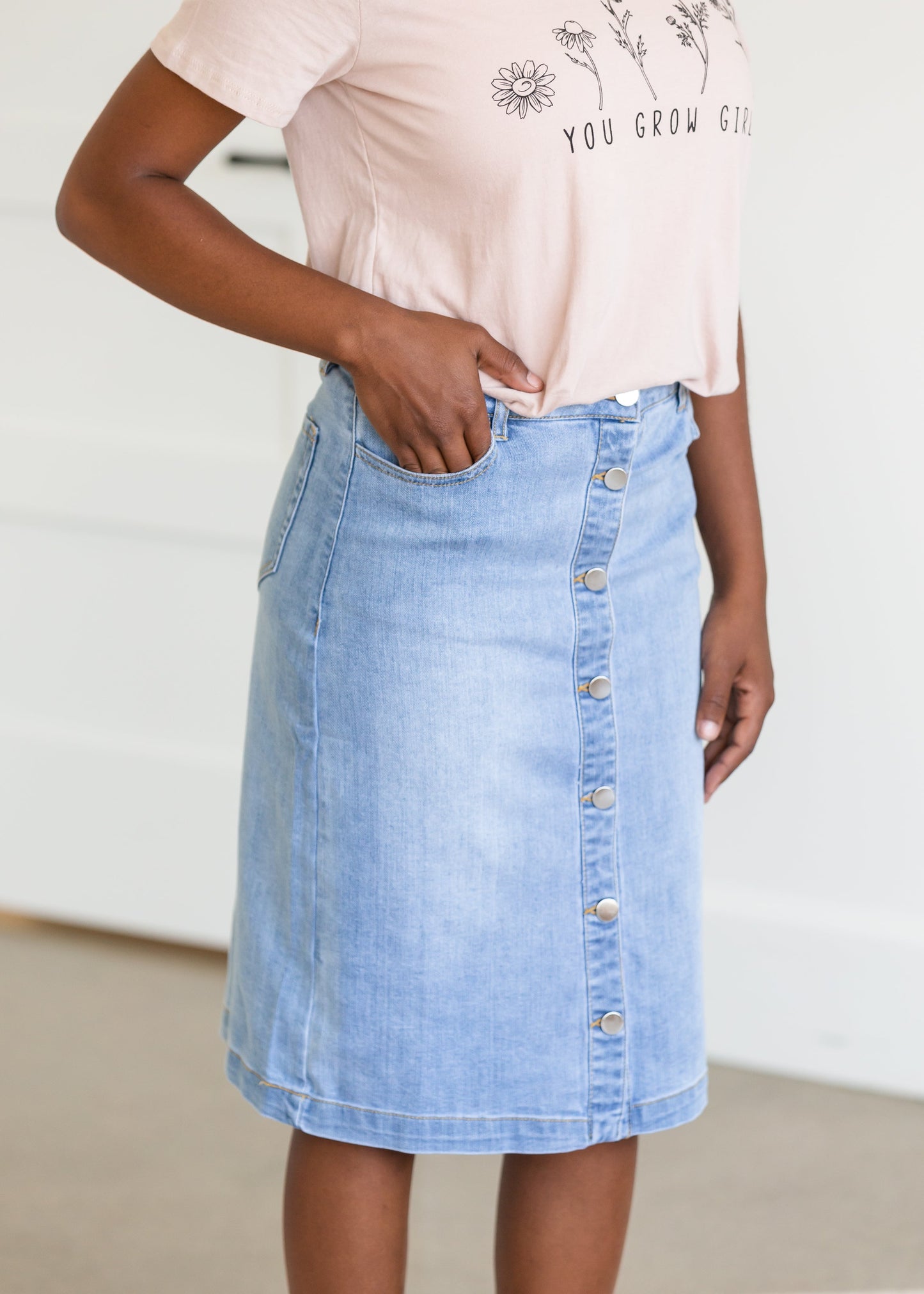 Button Down Light Denim Midi Skirt - FINAL SALE Skirts