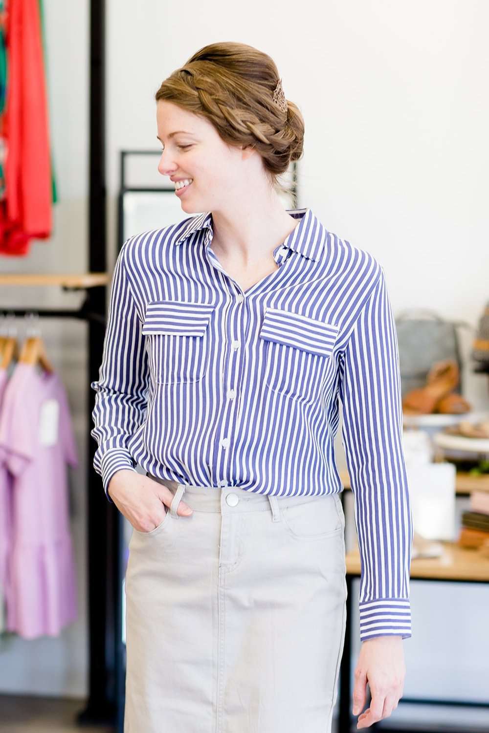 Striped button up navy and white collar blouse