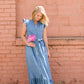 Women's Button Front Denim Maxi Dress with Waist Tie