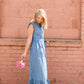 Women's Button Front Denim Maxi Dress with Waist Tie