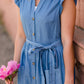 Women's Button Front Denim Maxi Dress with Waist Tie