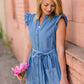 Women's Button Front Denim Maxi Dress with Waist Tie