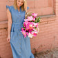 Women's Button Front Denim Maxi Dress with Waist Tie