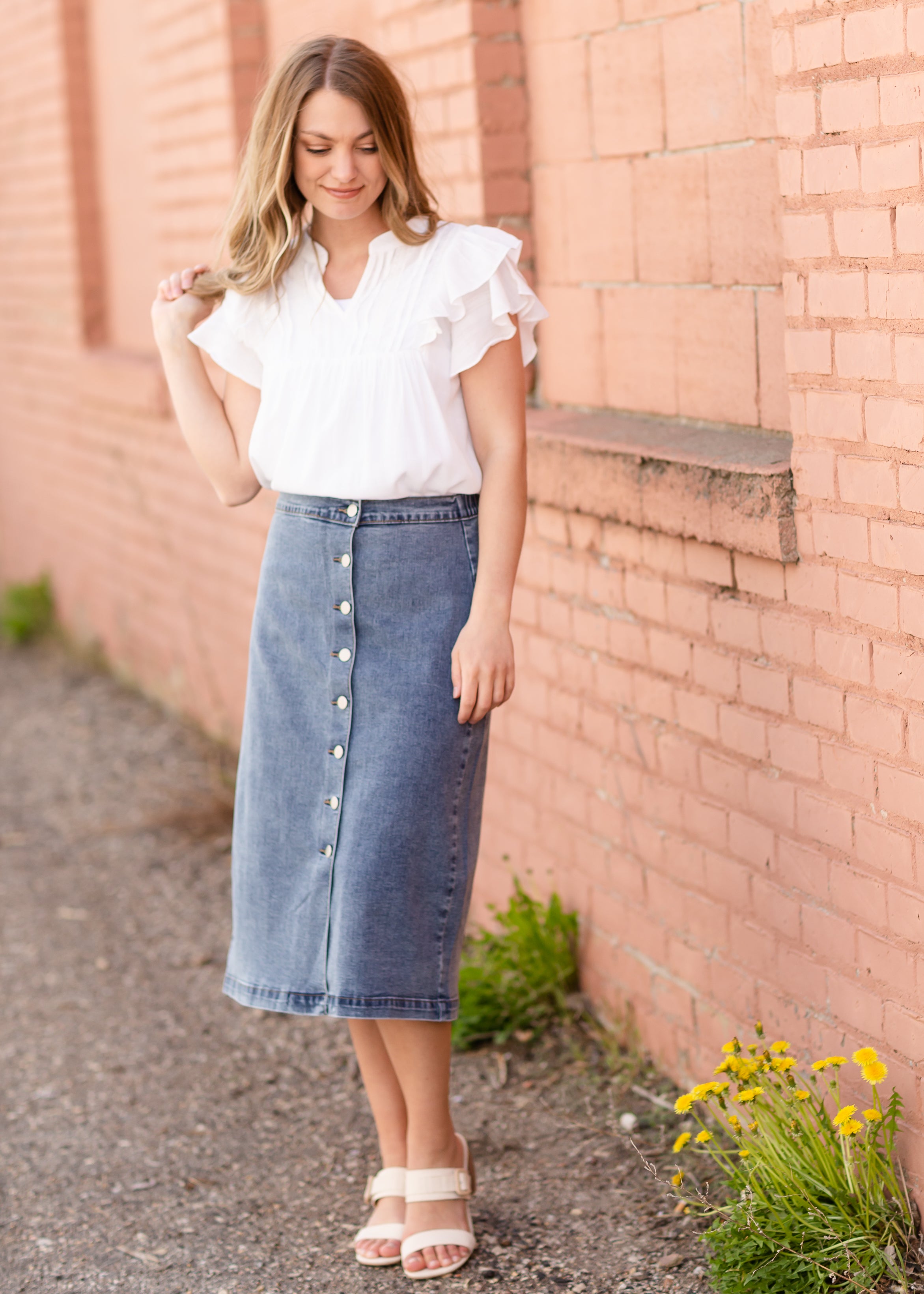 Button Up Denim Midi Skirt With Pockets | Shop at Papaya Clothing