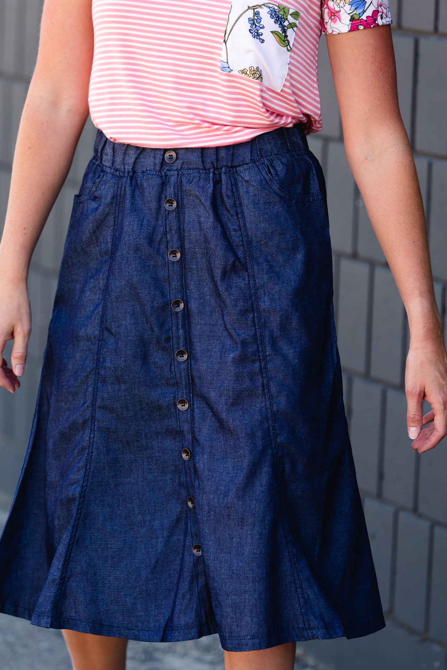 Button Front Stretch Waist Denim Midi Skirt - FINAL SALE Skirts