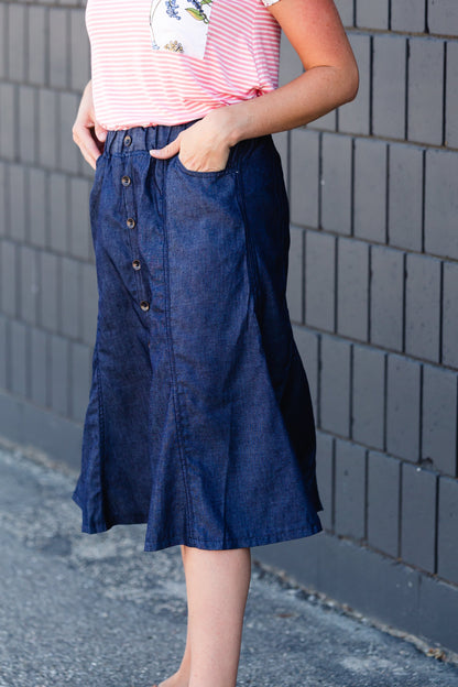 Button Front Stretch Waist Denim Midi Skirt - FINAL SALE Skirts