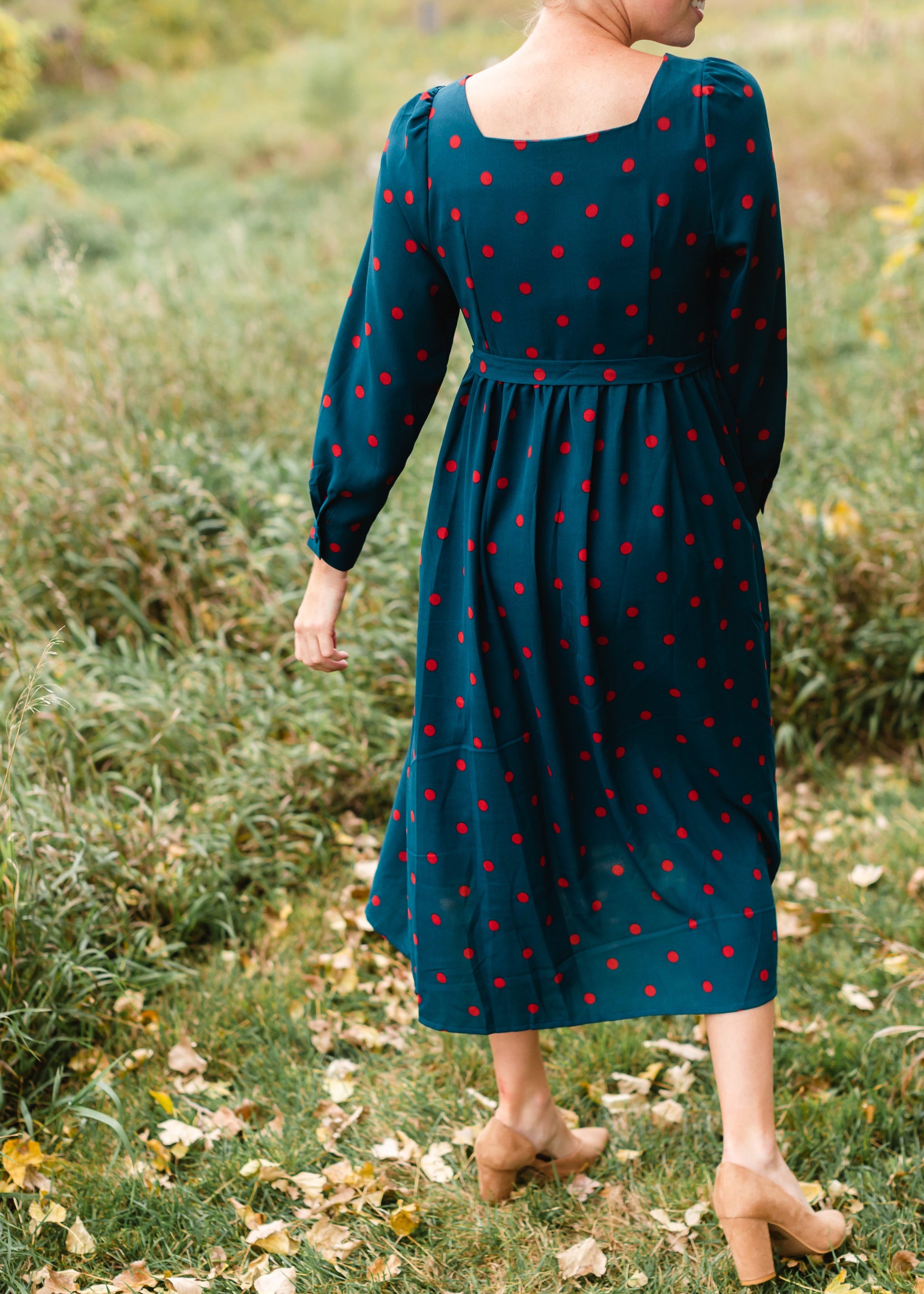 Button Front Tie Waist Polka Dot Midi Dress - FINAL SALE Dresses