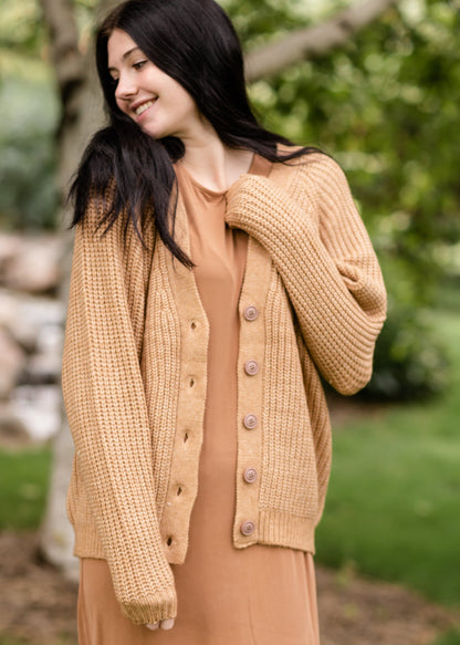 Button Front V-Neck Raglan Long Sleeve Heavy Cardigan Tops Staccato
