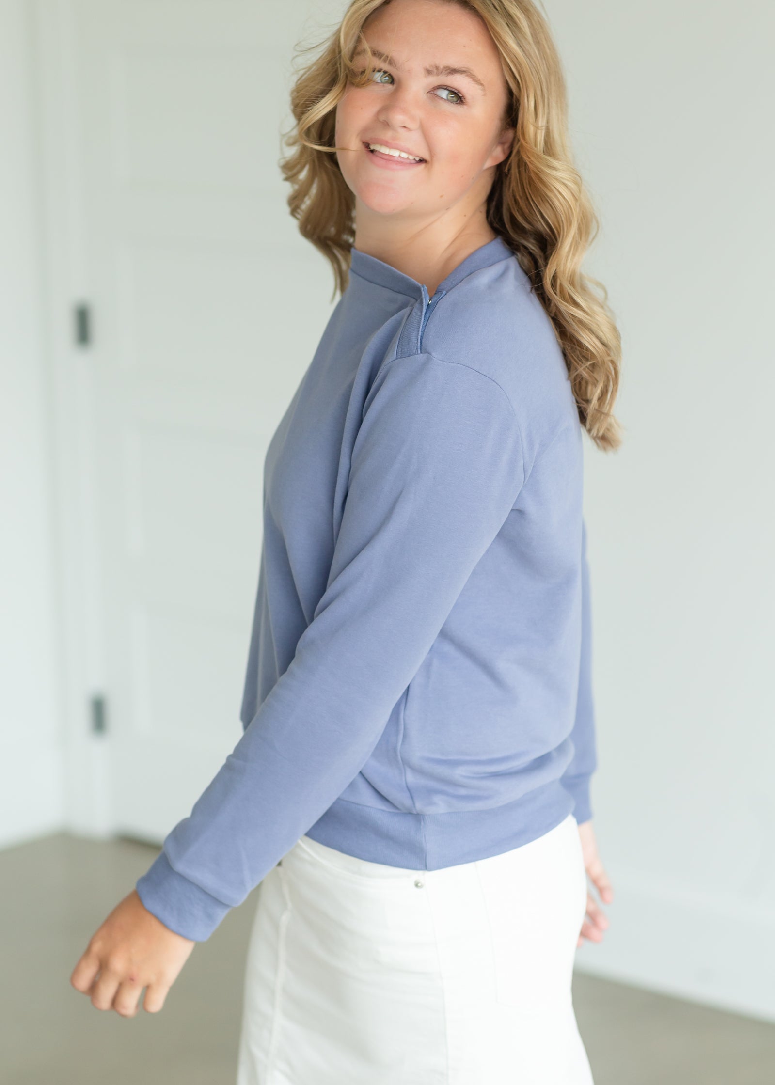 Button Neck Sweatshirt - FINAL SALE Tops Blue / XS