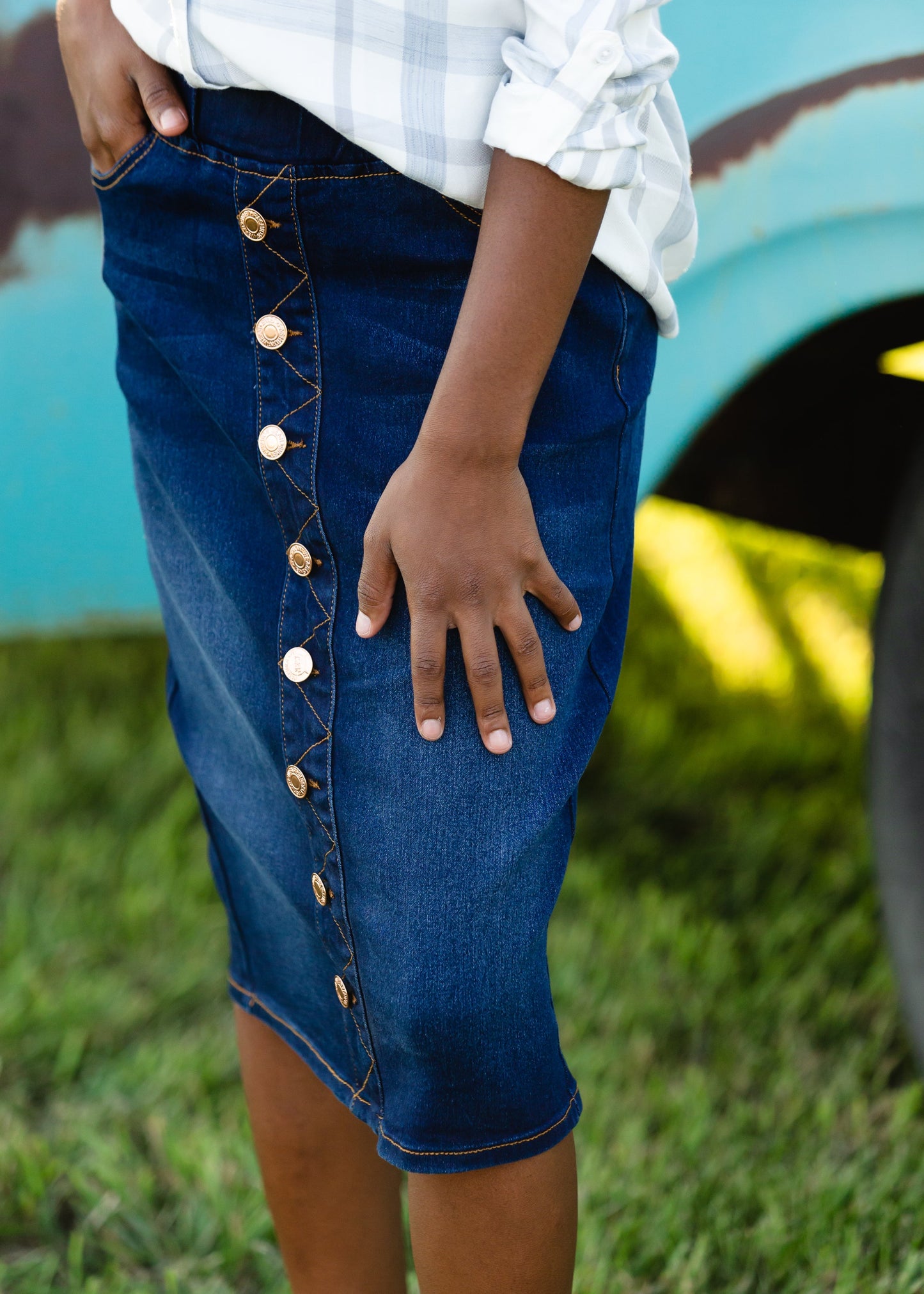 Button Stretch Waist Denim Midi Skirt - FINAL SALE Skirts