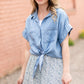 Button Up Chambray Short Sleeve Tie Front Shirt Tops