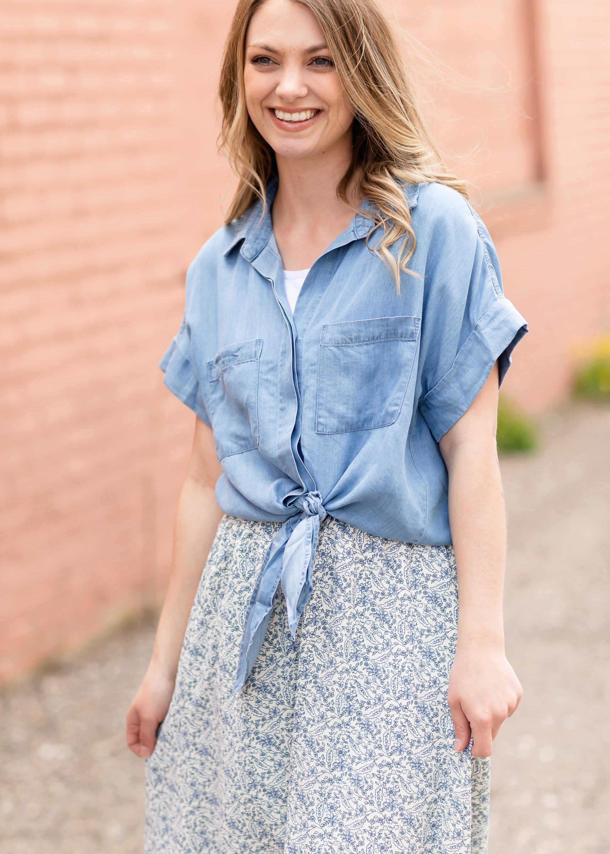 Button Up Chambray Short Sleeve Tie Front Shirt Tops