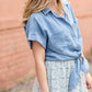 Button Up Chambray Short Sleeve Tie Front Shirt Tops