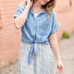 Button Up Chambray Short Sleeve Tie Front Shirt Tops