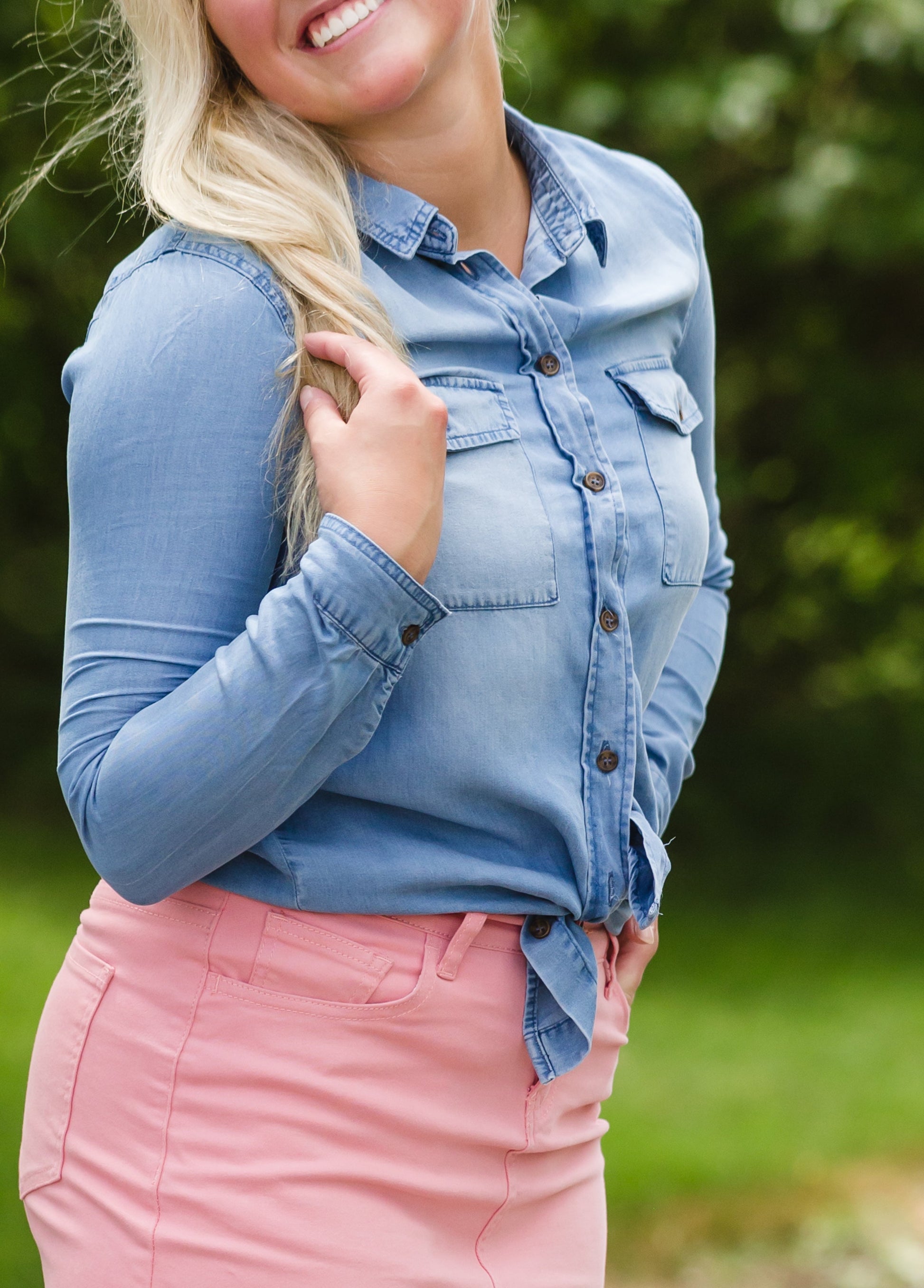 Button Up Denim Chambray Top Tops
