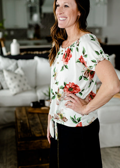 Button Up Ivory Floral Tie Top - FINAL SALE Tops